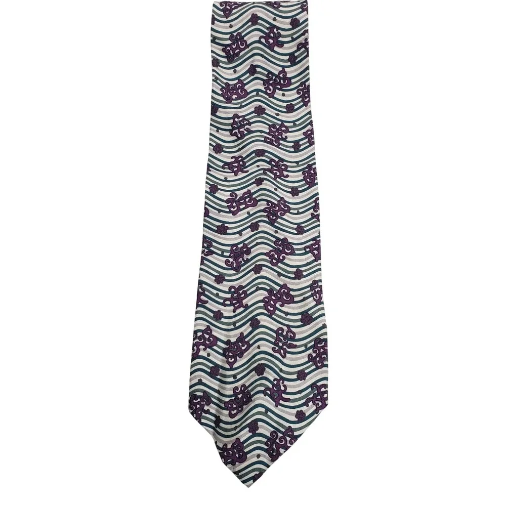 XMI Mens Abstract Wavy Floral Silk Tie One Size Purple Green